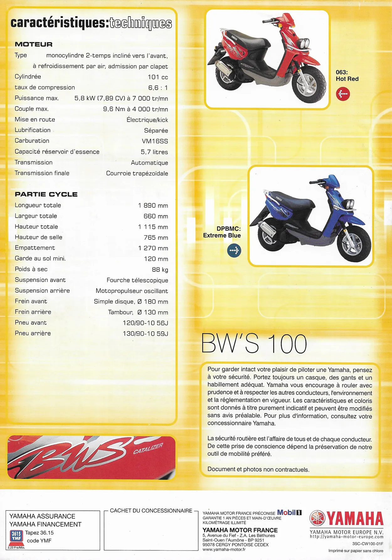Brochure Yamaha Bws 100 2001 Coloris Rouge Bleu 1